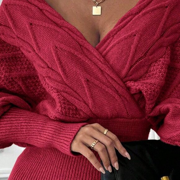 Burgundy Batwing Sleeve Split Hem Women's Knitted Sweater midi Dress - Picture 6 of 6